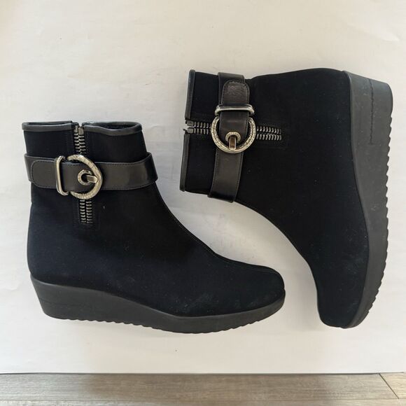 Stuart Weitzman Black  Suede Bootie Platform Wedge Women 7.5 M Buckle Zip - Picture 6 of 16